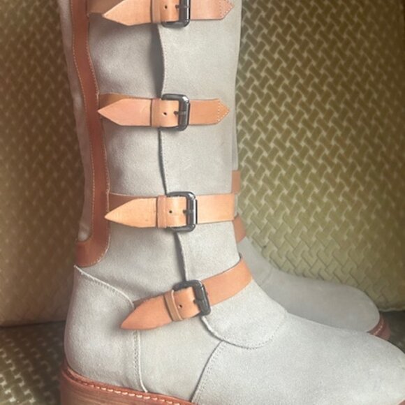 Free People Tristie Buckle Moto Tan Suede Leather Straps Knee High Boots - Picture 6 of 16